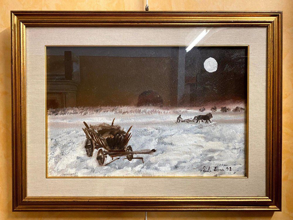 Lili Bra, 92 Plowing at the Full Moon, Oil On Panel, Framed