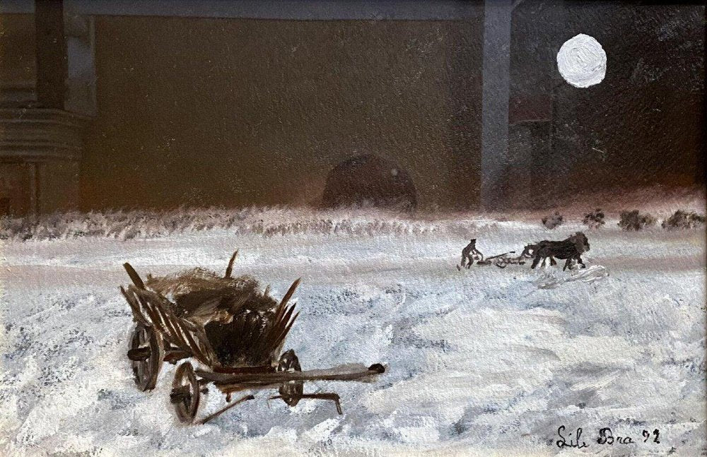 Lili Bra, 92 Plowing at the Full Moon, Oil On Panel, Framed