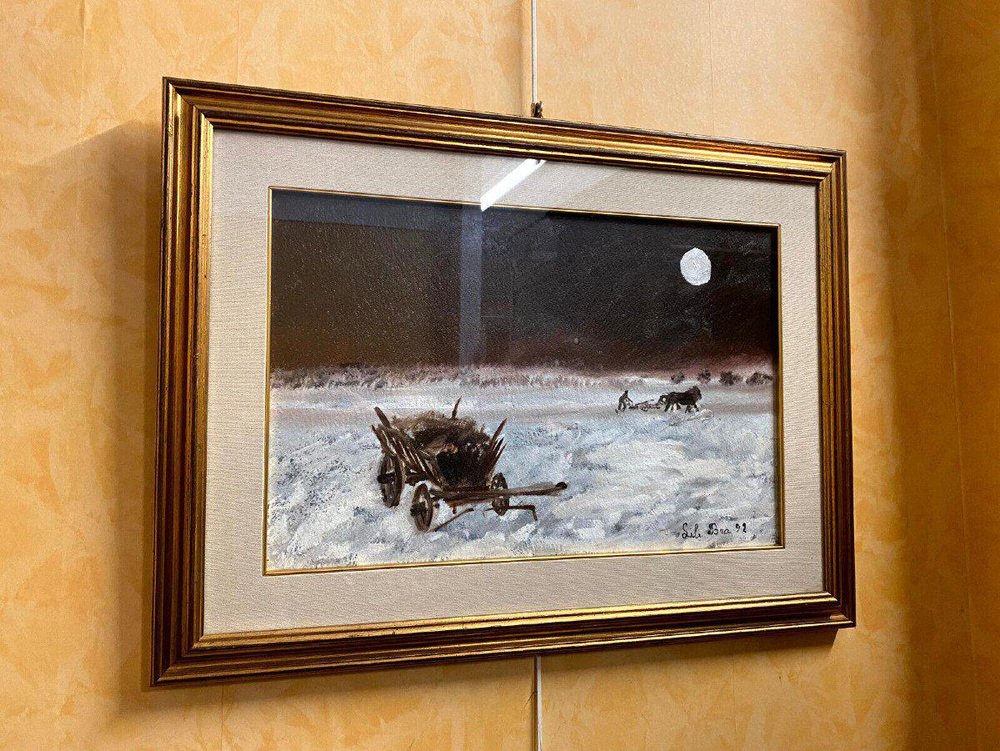 Lili Bra, 92 Plowing at the Full Moon, Oil On Panel, Framed