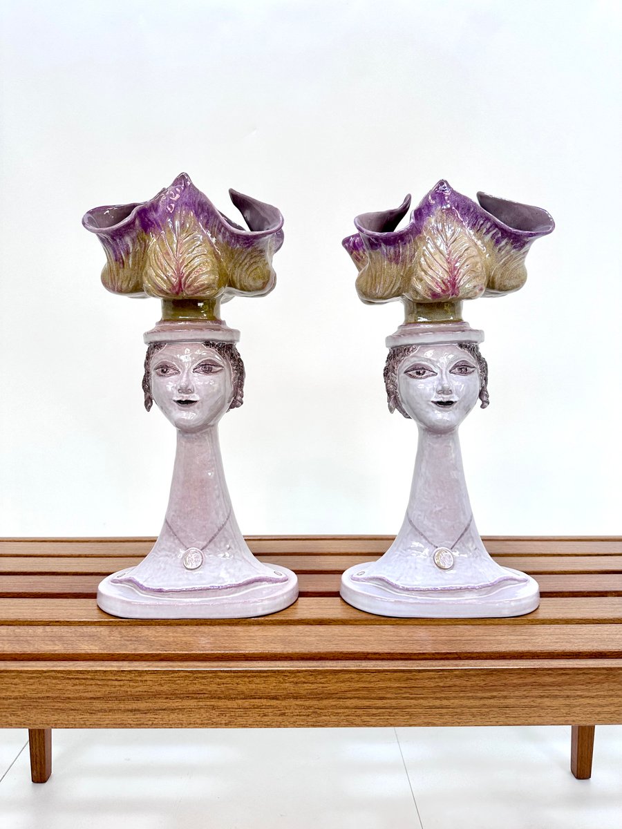 Limited Edition Ceramic Art Model Daphne Female Busts Vases by Bele Bachem for Karlsruher Majolika, Germany, 1976, Set of 2