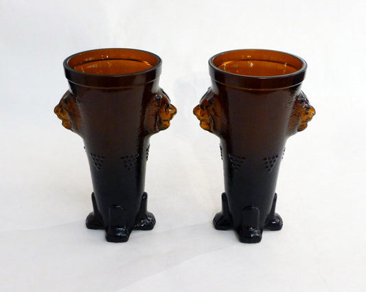 Lion Vases in Amber Ocher Glass, 1970s, Set of 2