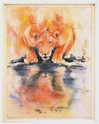 Lioness by the Water - Original Oil on Canvas by Marij Hendrickx - Early 2000s Early 2000s-ZCI-758866