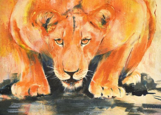 Lioness by the Water - Original Oil on Canvas by Marij Hendrickx - Early 2000s Early 2000s-ZCI-758866