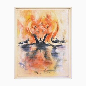 Lioness by the Water - Original Oil on Canvas by Marij Hendrickx - Early 2000s Early 2000s-ZCI-758866