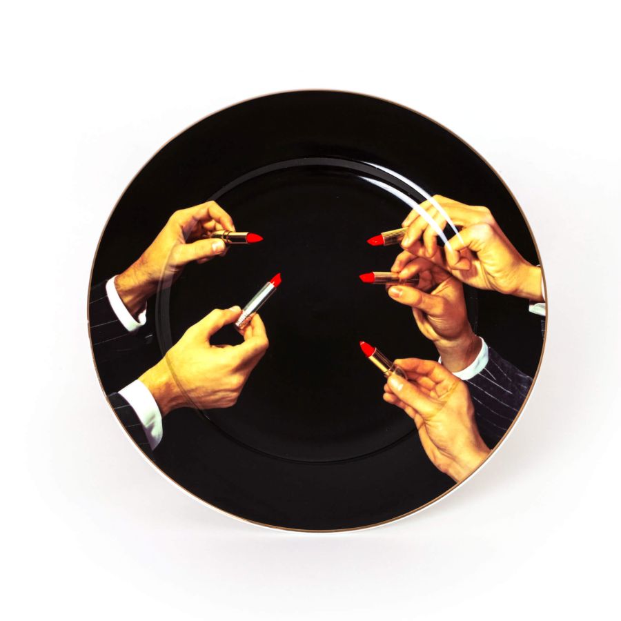 Porcelain Plate with Gold Border Lipsticks by Seletti #Black