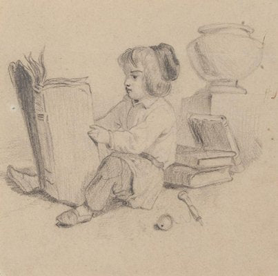 Little Girl Reading - Original Pencil Drawing - 20th Century 20th Century-ZCI-777618