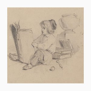 Little Girl Reading - Original Pencil Drawing - 20th Century 20th Century-ZCI-777618