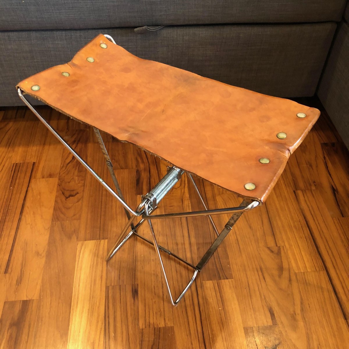 Little Industrial Brown Leather & Metal Folding Portable Stool