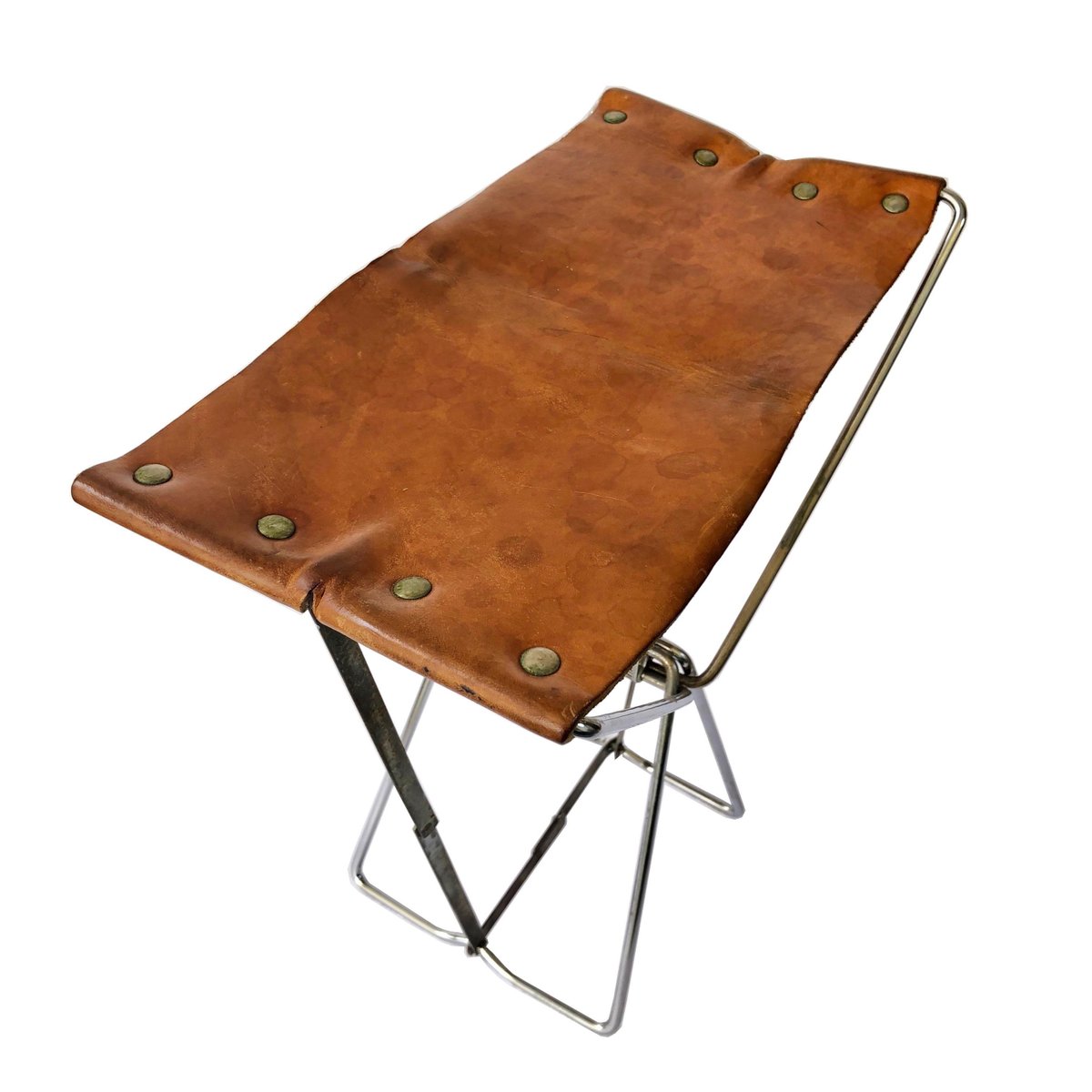 Little Industrial Brown Leather & Metal Folding Portable Stool