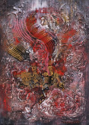 Liubov Juravliova, Abstrait Rouge et Doré, 2023, Acrylic on Canvas-CHG-2030743