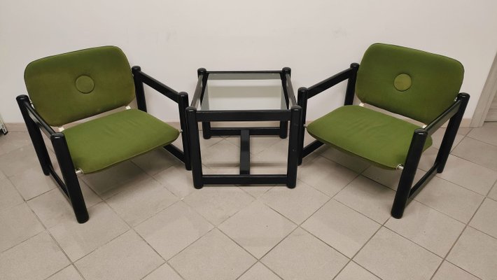 Living Room Set in Green and Black, 1970s, Set of 3-AKW-2021600