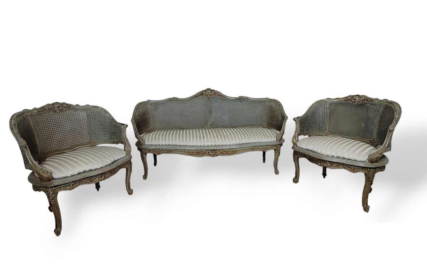 Living Room Set in Lacquered Wood and Cane, 1900s, Set of 3