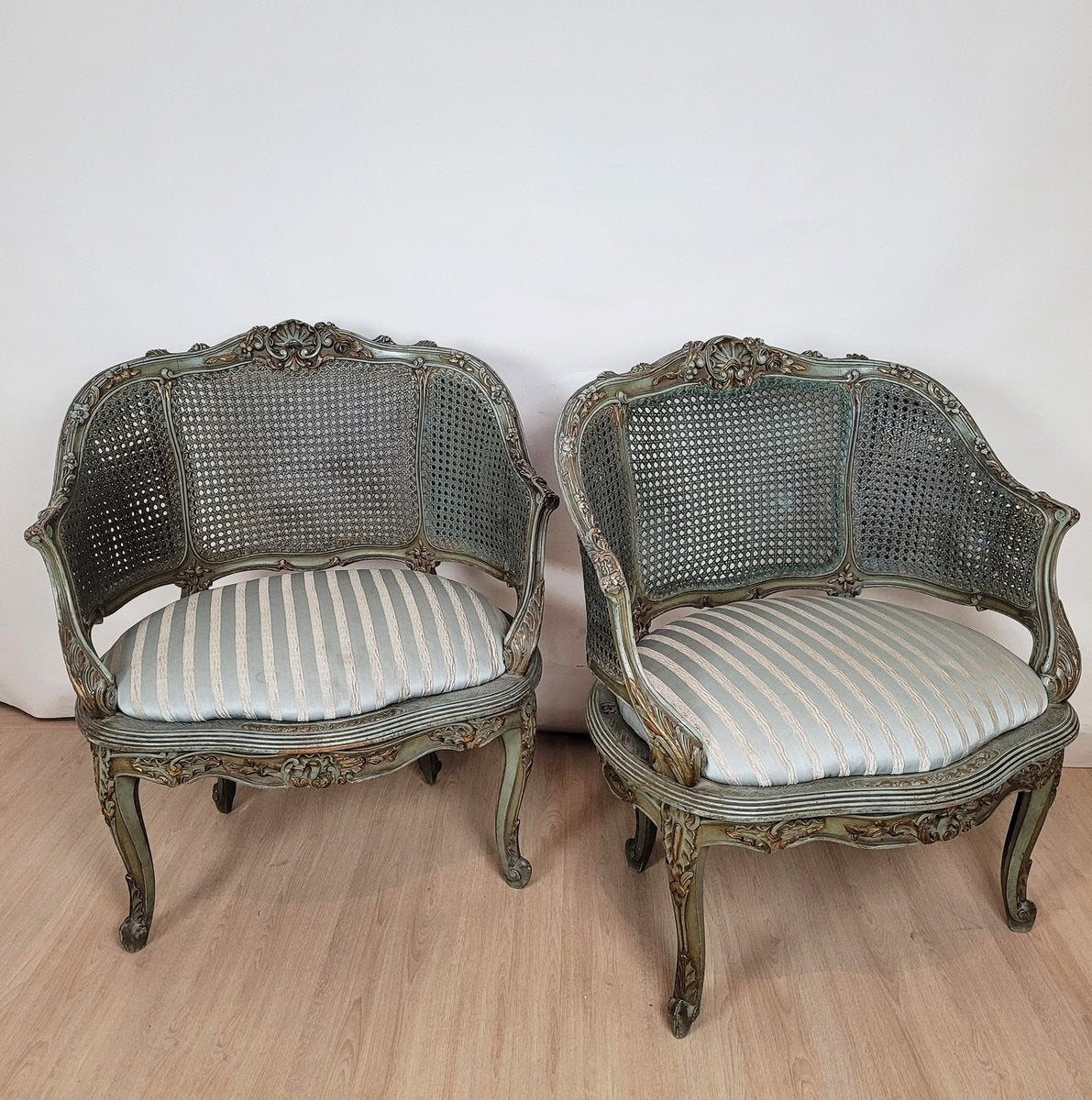 Living Room Set in Lacquered Wood and Cane, 1900s, Set of 3