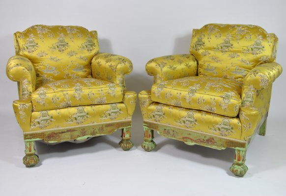 Living Room Set with Chinoiserie Decoration in Original Silk Fabric, France, 1890s, Set of 3-WFB-941181