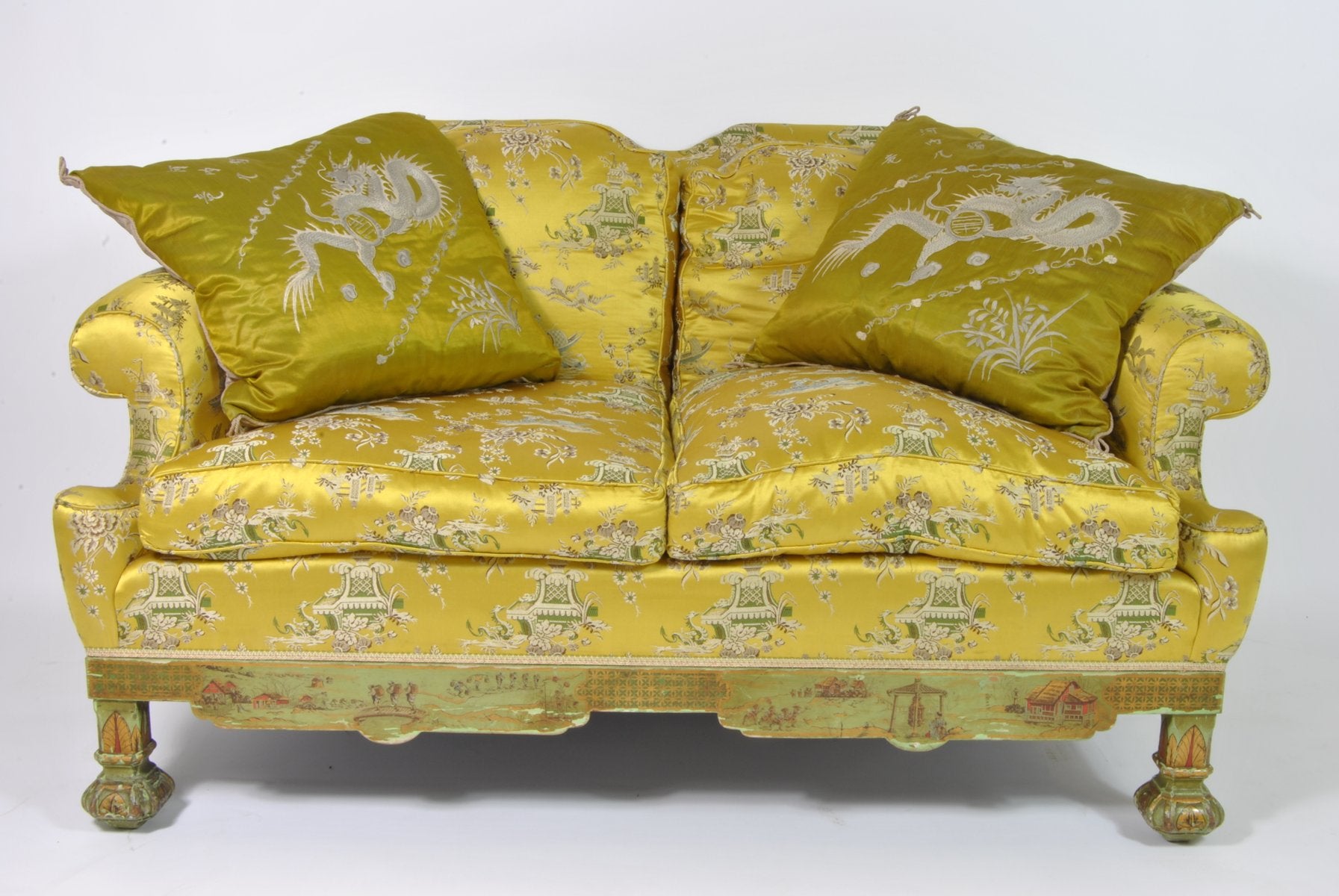 Living Room Set with Chinoiserie Decoration in Original Silk Fabric, France, 1890s, Set of 3