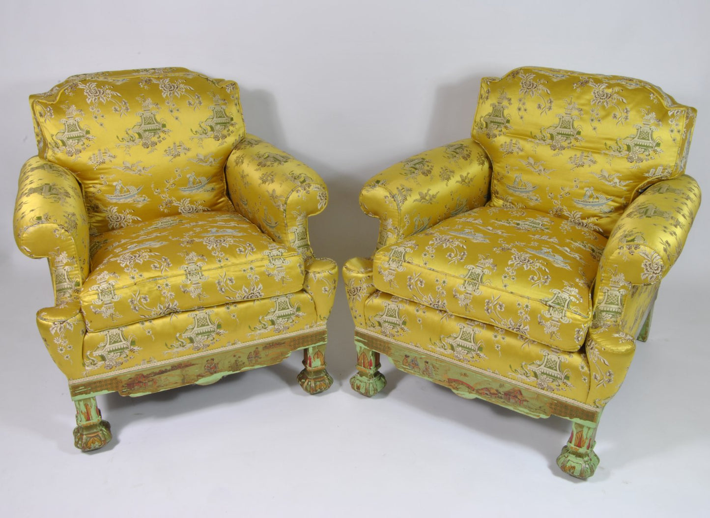 Living Room Set with Chinoiserie Decoration in Original Silk Fabric, France, 1890s, Set of 3