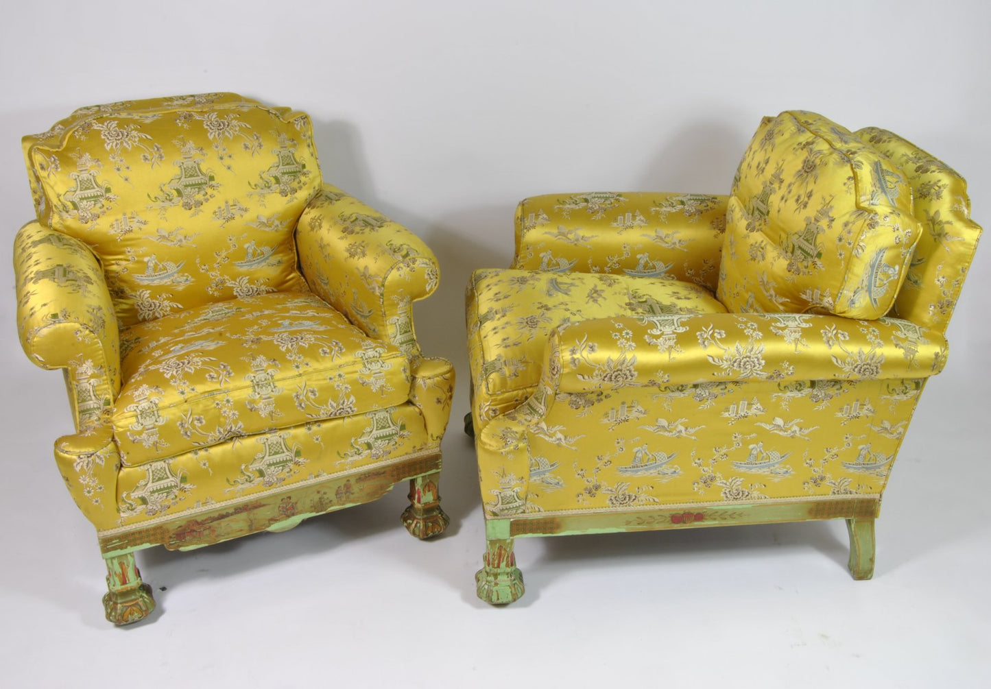 Living Room Set with Chinoiserie Decoration in Original Silk Fabric, France, 1890s, Set of 3