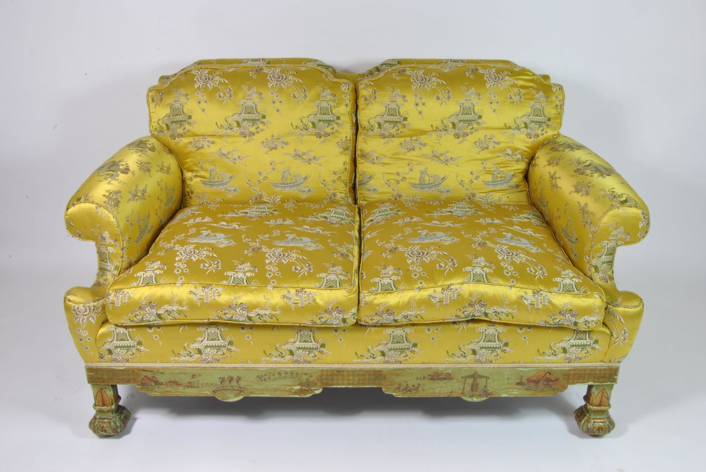 Living Room Set with Chinoiserie Decoration in Original Silk Fabric, France, 1890s, Set of 3