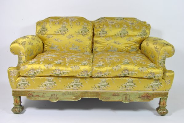 Living Room Set with Chinoiserie Decoration in Original Silk Fabric, France, 1890s, Set of 3-WFB-941181