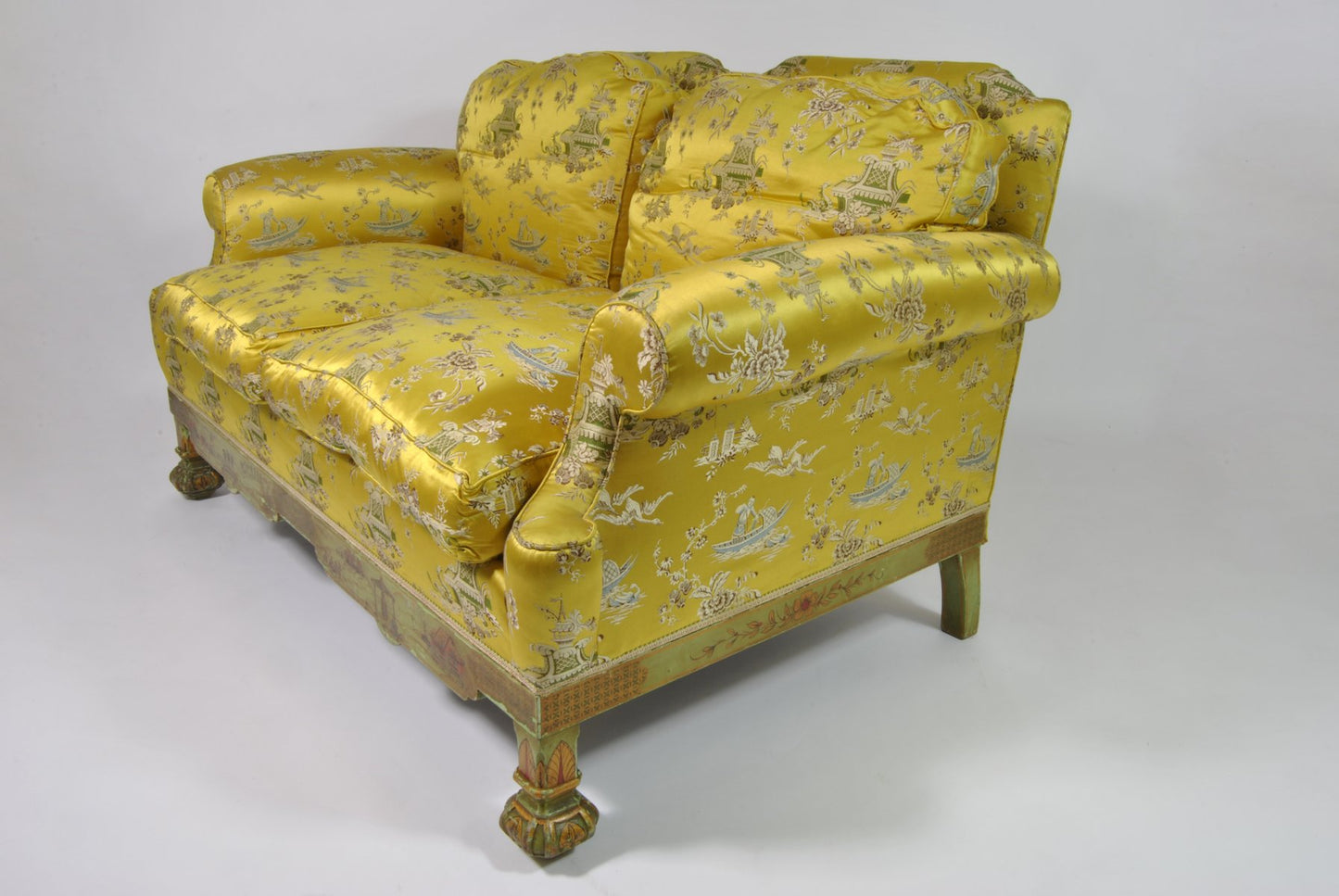 Living Room Set with Chinoiserie Decoration in Original Silk Fabric, France, 1890s, Set of 3