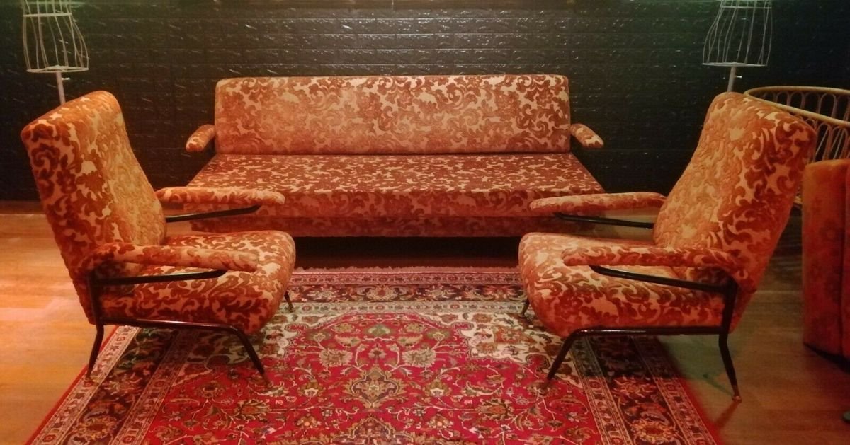 Living Room Set with Sofa & Chairs, 1960s, Set of 3