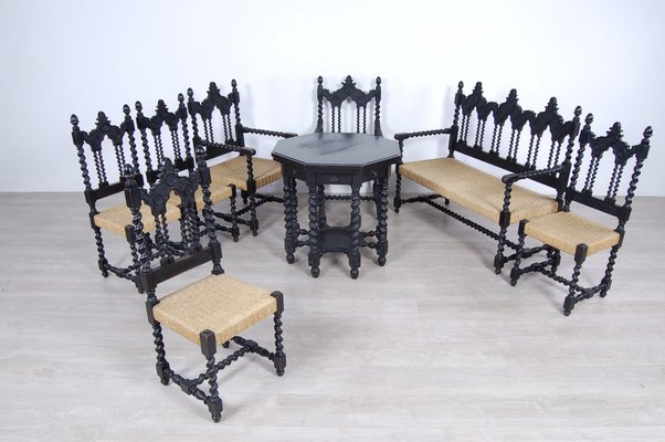 Living Room Set with Turned Legs, Italy, Late 1800s, Set of 8-XSG-1029478