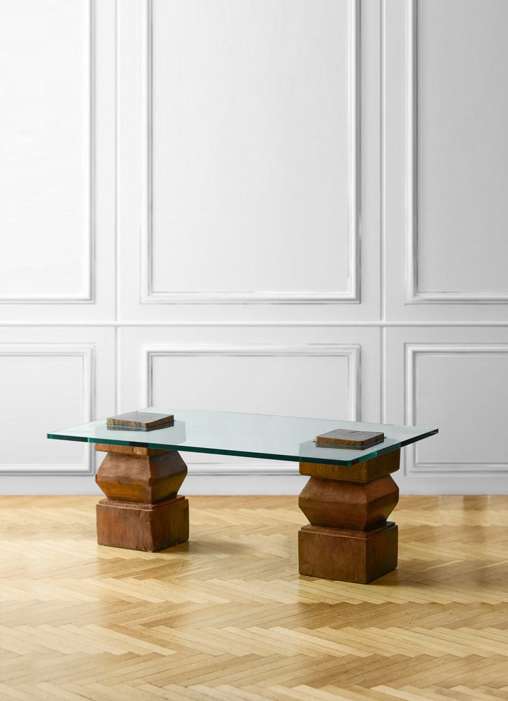 Living Room Table with Wooden Farms and Glass Top