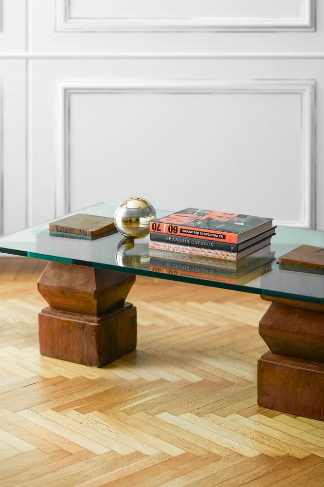 Living Room Table with Wooden Farms and Glass Top