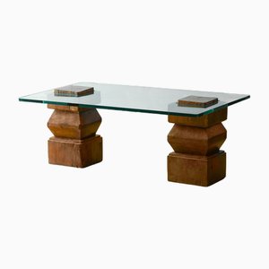 Living Room Table with Wooden Farms and Glass Top-MNF-1649182