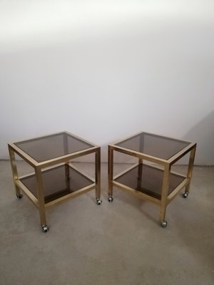 Living Room Tables in Brass and Smoked Glass with Wheels, Italy, 1970s, Set of 2-UIW-1285664