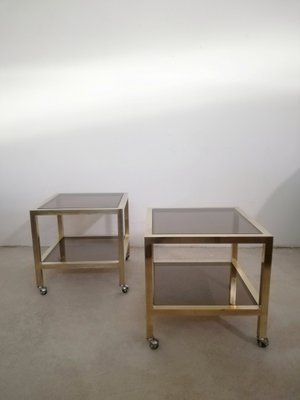 Living Room Tables in Brass and Smoked Glass with Wheels, Italy, 1970s, Set of 2-UIW-1285664