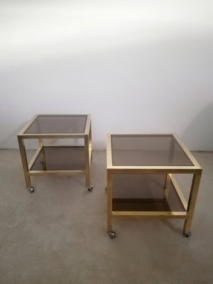 Living Room Tables in Brass and Smoked Glass with Wheels, Italy, 1970s, Set of 2-UIW-1285664