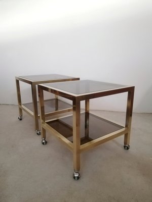 Living Room Tables in Brass and Smoked Glass with Wheels, Italy, 1970s, Set of 2-UIW-1285664