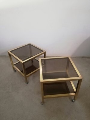 Living Room Tables in Brass and Smoked Glass with Wheels, Italy, 1970s, Set of 2-UIW-1285664