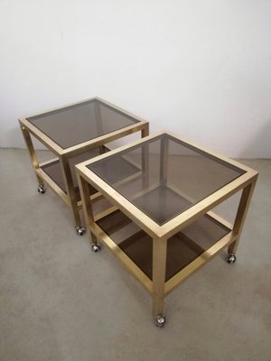 Living Room Tables in Brass and Smoked Glass with Wheels, Italy, 1970s, Set of 2-UIW-1285664