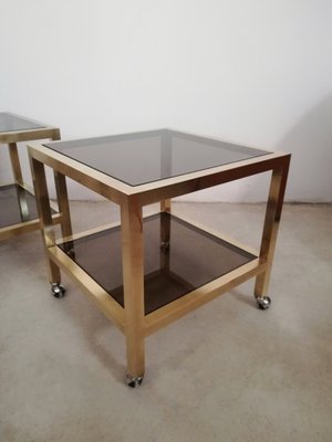 Living Room Tables in Brass and Smoked Glass with Wheels, Italy, 1970s, Set of 2-UIW-1285664