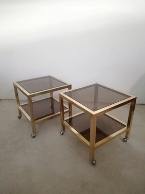 Living Room Tables in Brass and Smoked Glass with Wheels, Italy, 1970s, Set of 2-UIW-1285664