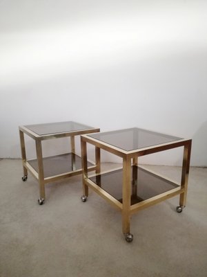 Living Room Tables in Brass and Smoked Glass with Wheels, Italy, 1970s, Set of 2-UIW-1285664