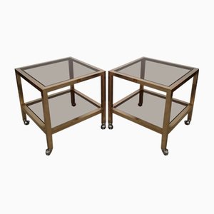 Living Room Tables in Brass and Smoked Glass with Wheels, Italy, 1970s, Set of 2-UIW-1285664