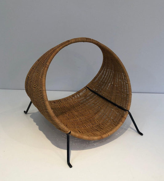 Log Holder in Black Lacquered Metal and Rattan, 1970s