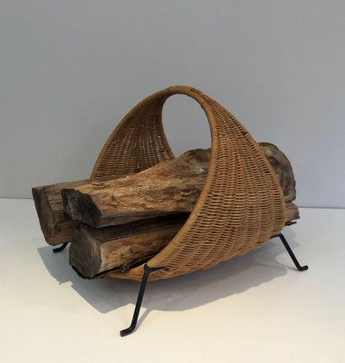 Log Holder in Black Lacquered Metal and Rattan, 1970s-BA-1530036