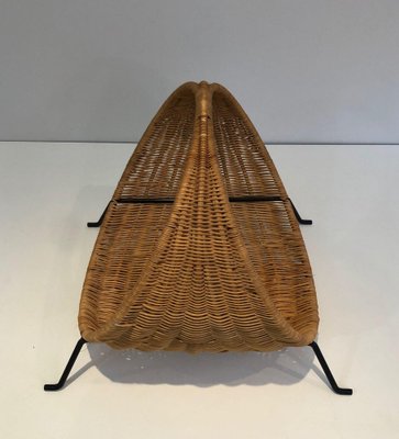 Log Holder in Black Lacquered Metal and Rattan, 1970s-BA-1530036