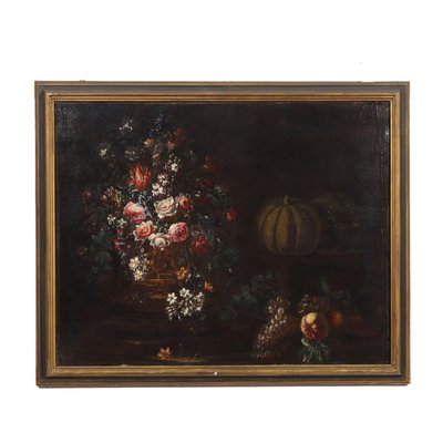 Lombard School Artist, Still Life with Flowers and Pumpkins, Late 1600s, Oil on Canvas, Framed-VMM-1283540