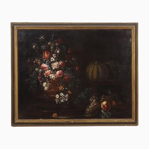 Lombard School Artist, Still Life with Flowers and Pumpkins, Late 1600s, Oil on Canvas, Framed-VMM-1283540