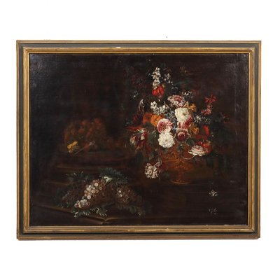 Lombard School, Still Life with Grapes, Flowers and Mushrooms, Late 1600s, Oil on Canvas, Framed-VMM-1283526