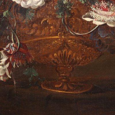 Lombard School, Still Life with Grapes, Flowers and Mushrooms, Late 1600s, Oil on Canvas, Framed-VMM-1283526