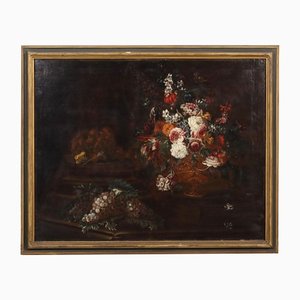 Lombard School, Still Life with Grapes, Flowers and Mushrooms, Late 1600s, Oil on Canvas, Framed-VMM-1283526