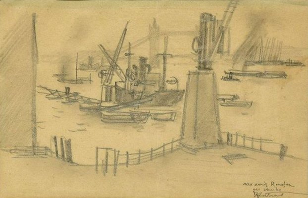 London Harbor - Original Charcoal Drawing by R.L. Antral - 1930s 1930s-ZCI-757385