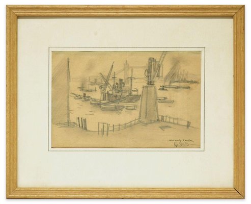 London Harbor - Original Charcoal Drawing by R.L. Antral - 1930s 1930s-ZCI-757385