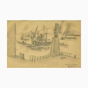 London Harbor - Original Charcoal Drawing by R.L. Antral - 1930s 1930s-ZCI-757385